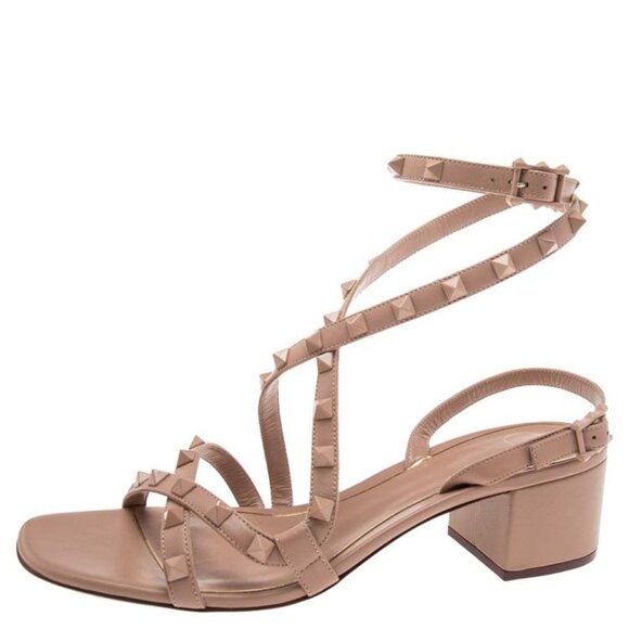 Valentino Garavani Beige Leather Rockstud Strappy Gladiator Sandals - Picture 1 of 15